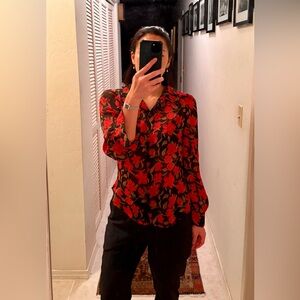 SOLD: Lulu's Red Floral Long Sleeve Notched Collar Blouse